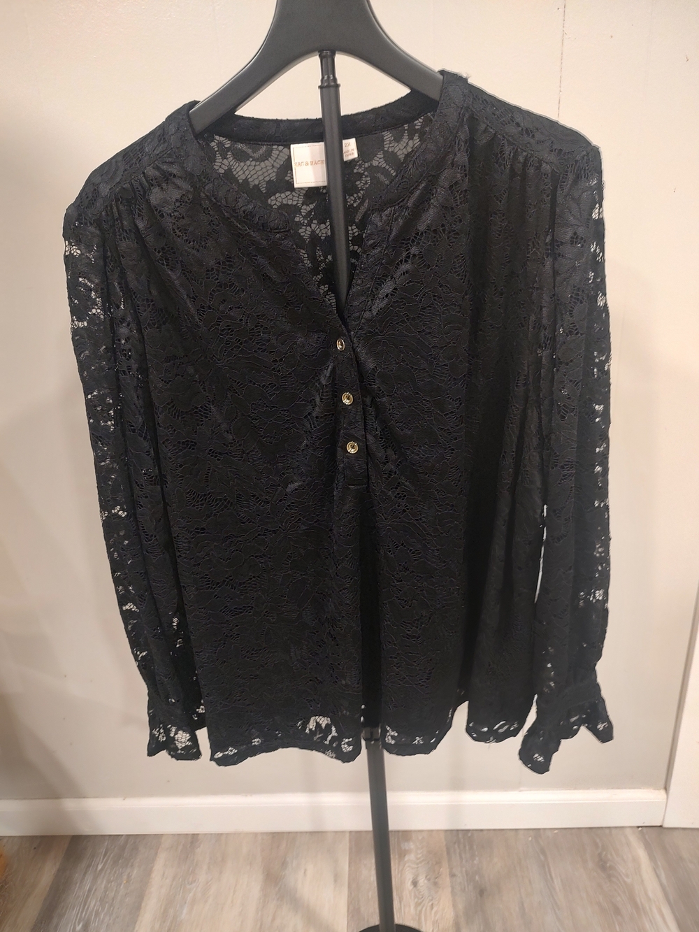Zac & Rachel Black Lace Henley Blouse with Ruffle Cuffs